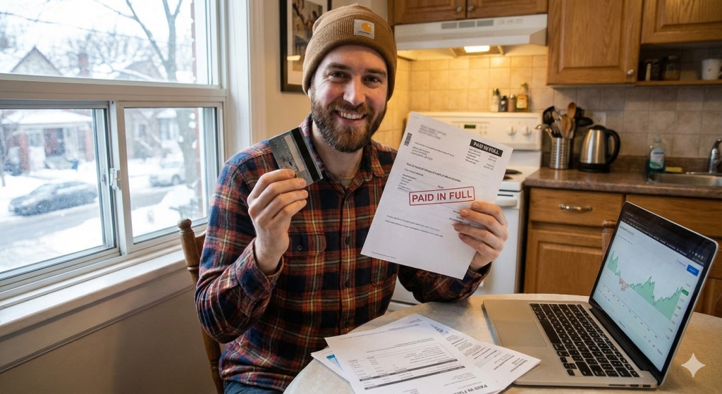 Happy man standing in a kitchen holding a credit card, illustrating the relief of paying off debt.