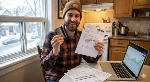 Happy man standing in a kitchen holding a credit card, illustrating the relief of paying off debt.