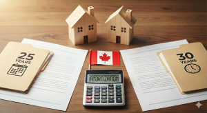 Mortgage amortization calculator displaying text on screen, used to compare 25-year versus 30-year home loan terms in Canada.