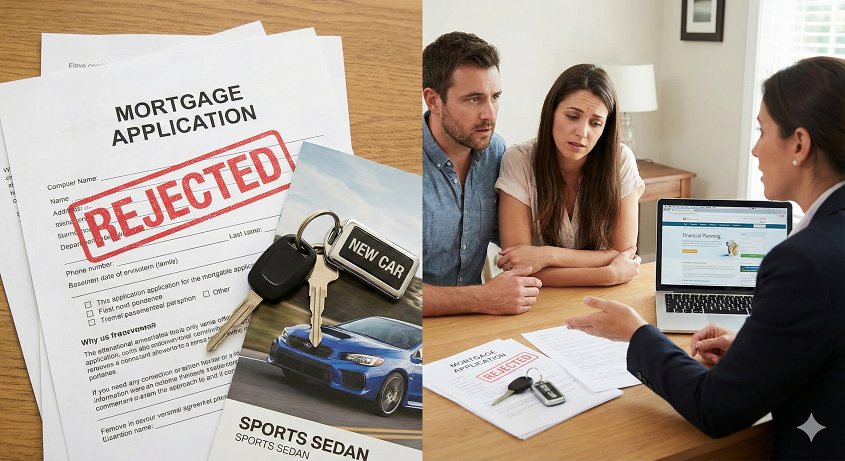 Rejected mortgage application on a desk next to car keys, illustrating how a car lease payment impacts home buying eligibility.