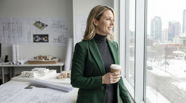 A smiling blonde woman in a green blazer and turtleneck, holding a takeaway coffee cup, stands by a large window in an architectural office filled with blueprints and models, looking out at a snowy city skyline.