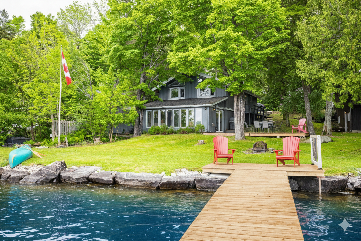 A waterfront cottage in Ontario with a grey-blue facade, featuring a light brown wooden dock extending into blue water. Two red Muskoka chairs sit on the dock, and a Canadian flag flies on a pole to the left, surrounded by lush green trees.