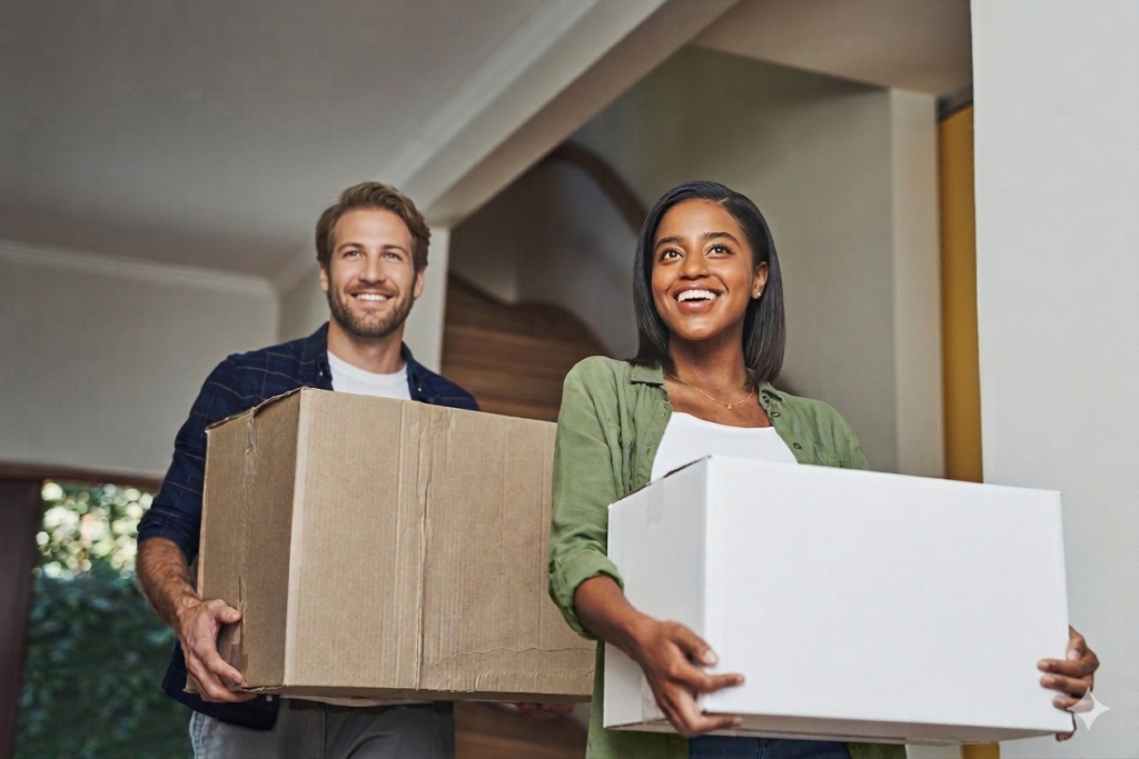 A smiling young man and woman carrying moving boxes into a house. The woman has straight, dark, shoulder-length hair and wears a green shirt while holding a white box. The man, approximately 30 years old with a beard, wears a dark navy blue plaid shirt and carries a brown cardboard box