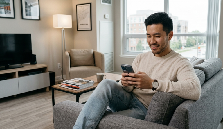A confident young Canadian man with dark hair sitting comfortably on a grey couch in a modern condo. He is smiling while looking at his smartphone. He wears a light beige sweater, jeans, and a watch. The living room behind him is bright with a large window, a TV stand, and neutral-colored furniture.